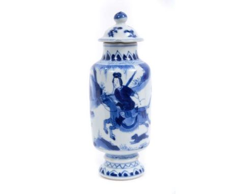 Antique Chinese Kangxi period blue and white porcelain vase and cover, of cylindrical form with stepped base, painted with fi