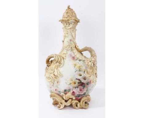 Doulton Burslem exhibition quality blush ivory vase and cover, with scrollwork modelling and painted floral decoration, 38cm 