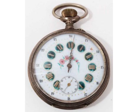 Late 19th century Swiss Goliath pocket watch, the enamel dial with polychrome floral and jewelled decoration in silver 800 st