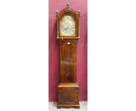 George III eight day longcase clock with gilt and silvered arched dial signed Thomas Brass, Guildford, strike/silent to arch,