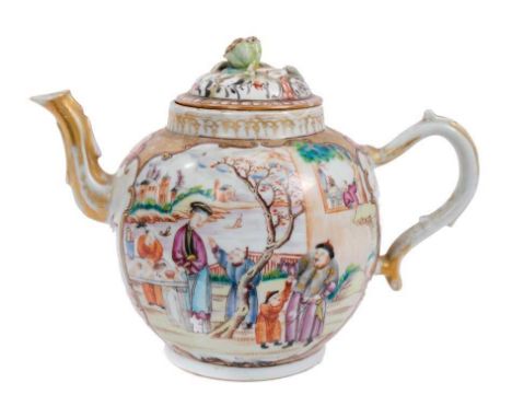 Large Chinese Qianlong period famille rose porcelain teapot and cover with moulded branch handle and spout, decorated in the 