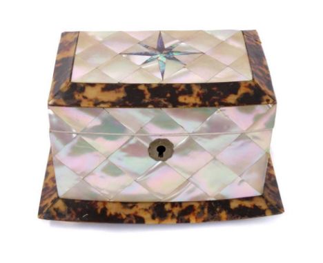 Victorian mother of pear and blond tortoiseshell tea caddy, of slightly bowed form, the starburst inlaid hinged cover enclosi