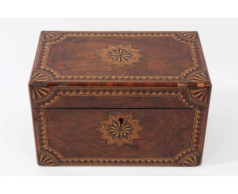 Good quality Victorian walnut and parquetry caddy, hinged cover with concentric starburst inlay, enclosing interior with twin