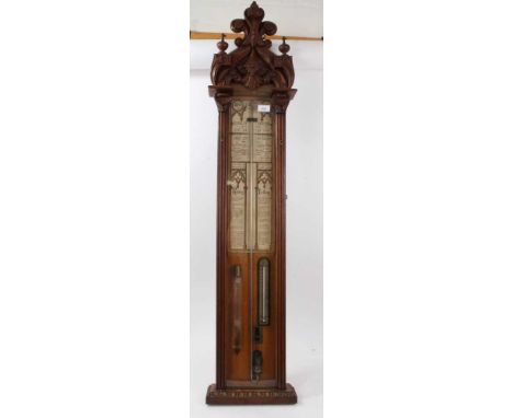 Late Victorian carved oak Gothic revival Admiral Fitzroy barometer with reeded colomns 124 cm high