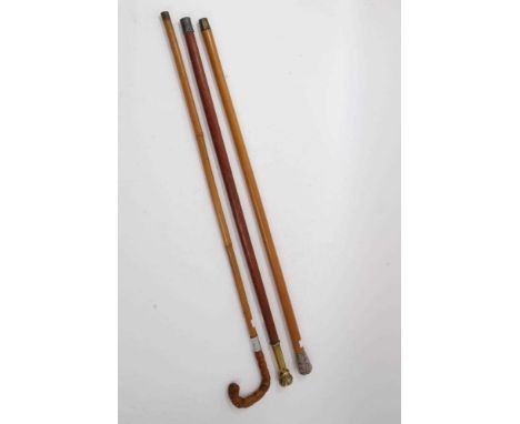 19th century Chinese silver mounted malacca cane, with foliate and Chinese script compartments, 92cm long, together with anot