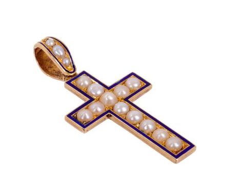 Victorian gold, pearl and enamel cross pendant, with half pearls surrounded by a border of blue enamel, tests as 15ct. 52mm x