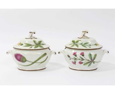 A fine pair of pearlware botanical sauce tureens and covers, circa 1810, probably Swansea, titled on bases and inside covers,