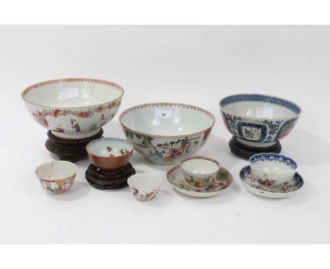 Group of 18th century Chinese famille rose porcelain, including three bowls and stands, two tea bowls, two sets of tea bowls 