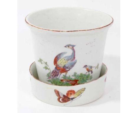 Rare Derby flowerpot and stand, circa 1760-65, polychrome painted with exotic birds and insects, 11cm height with standCondit