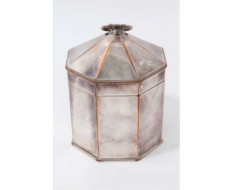 19th century Sheffield plate octagonal tea caddy, hinged cover with ring surmount, 12cm high