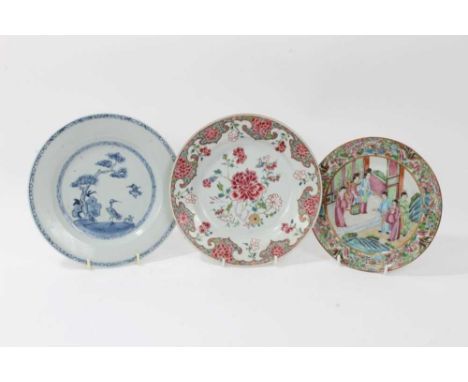 18th century Chinese famille rose porcelain plate, an 18th century Chinese blue and white plate, and a 19th century Canton pl