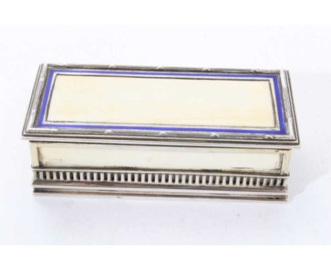 Late 19th/early 20th century German ivory and silver mounted stamp holder, with hinged opening cover with blue enamel border,