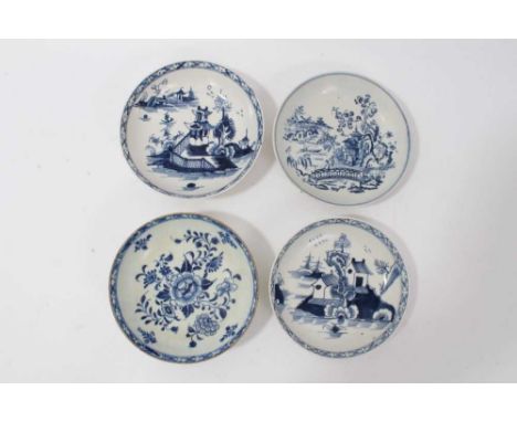 Four 18th century Lowestoft blue and white porcelain saucers, three of which are painted and one printedCondition report: Goo