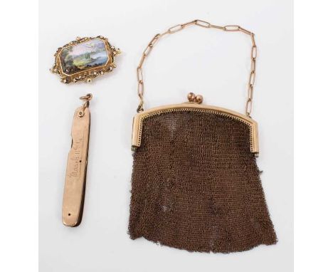 19th century Swiss gold and enamel brooch, gold mounted penknife and an Edwardian gilt metal purseCondition report: 19th cent