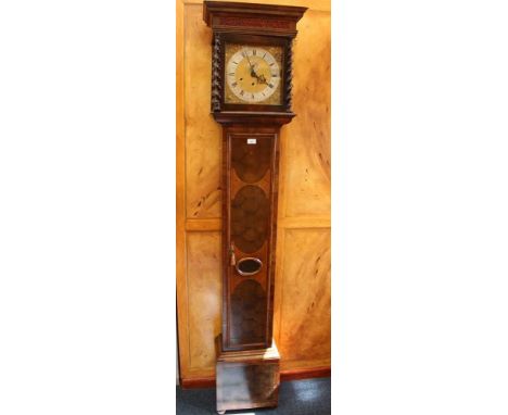 Good oyster walnut veneered longcase clock of small size in the 17th century manner with modern movement chiming on bells, th