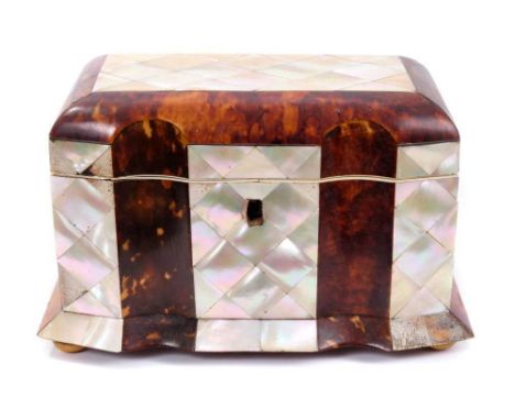 William IV tortoiseshell and mother of pearl caddy, rectangular cushion form with scalloped front raised on bun feet, 18cm wi
