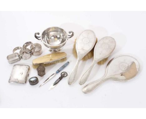 Selection of miscellaneous 20th century silver, including pair of silver mounted hair brushes and a matching hand mirror, a s