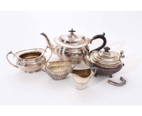 Victorian composite silver batchelor's three piece teaset, comprising teapot of half fluted form, with gadrooned border and h