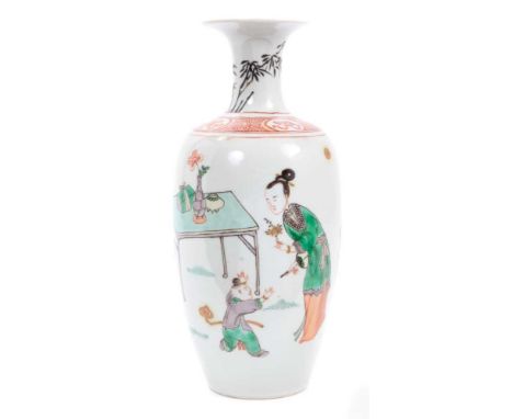 Fine antique Chinese famille verte porcelain baluster vase, Kangxi style but probably later, decorated with a scene of childr