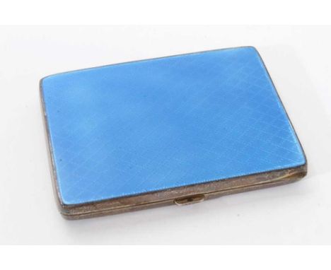 Late 1920s ladies Continental silver and blue enamel cigarette case with engine turned decoration, gilded interior and engrav