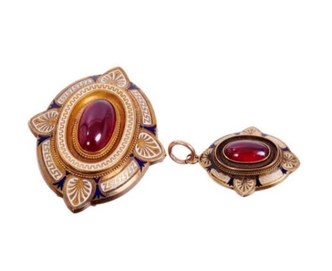 Victorian Etruscan revival gold enamel and cabochon garnet pendant brooch, the central oval cabochon garnet surrounded by a b