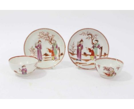Two pairs of 18th century Lowestoft porcelain tea bowls and saucers, decorated in polychrome enamels with chinoiserie figural