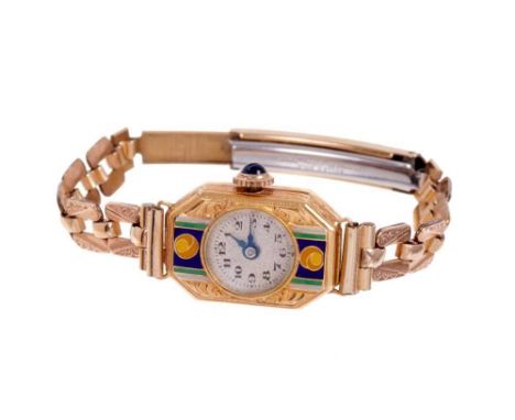 1920s Art Deco ladies 18ct gold and enamel cocktail watch, the circular dial in rectangular engraved and enamelled case on pl