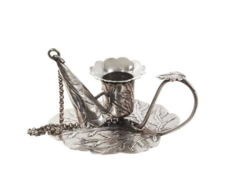 William IV silver miniature chamber stick, with embossed foliate decoration, flared candle holder and leaf mounted handle, se