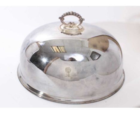 Early 20th century silver plated meat dome of oval form, with engraved armorial shield, beaded borders and detachable handle.