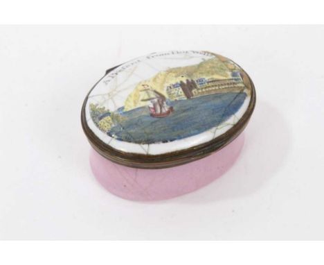 George III enamelled patch box, of oval form, with landscape cartouche and legend 'A present from Hot Wells', mirror to under