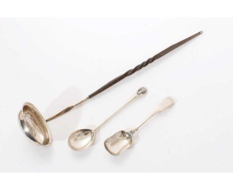 Georgian silver toddy ladle of oval form, with inset silver coin and twisted whalebone handle (unmarked), together with a lat