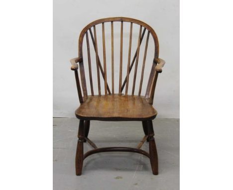 19th century yewwood Windsor stick back elbow chair with crinoline stretcher 76cm high