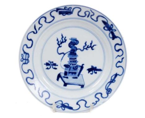 Chinese blue and white saucer dish, six character Kangxi mark and of the period, decorated with precious objects, 15.75cm dia