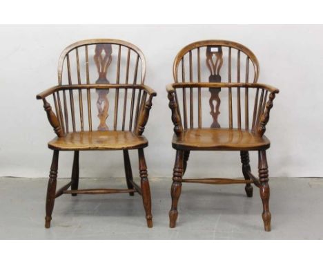 Pair 19th century ash and elm country Windsor stick back elbow chairs with solid seats on turned legs, H-shaped stretcher