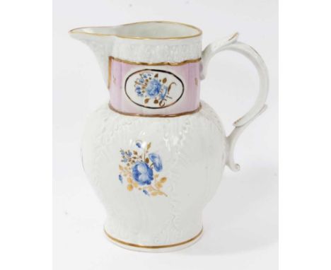 An early Chamberlain's Worcester cabbage leaf moulded jug, circa 1795, decorated with enamel blue and gilt sprays of flowers,
