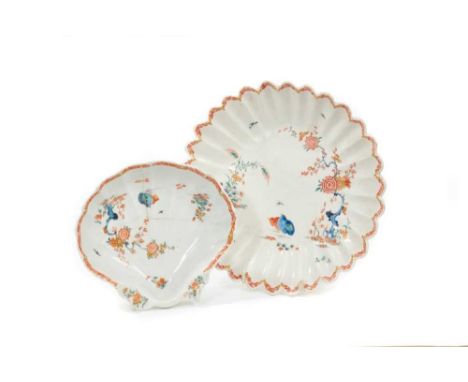 Mid-18th century Bow porcelain fluted dish, decorated in the Kakiemon style Two Quail pattern, 25cm diameter, and a similar B