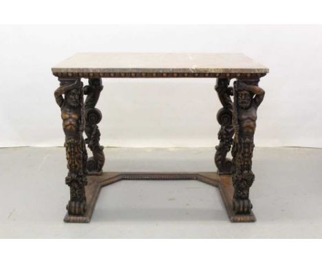 19th century oak console table with possible earlier elements with finely carved front supports depicting Hercules with clubs