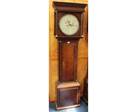 19th century eight day longcase clock ,with circular painted dial in oak case, two weights and key present 192 cm high.