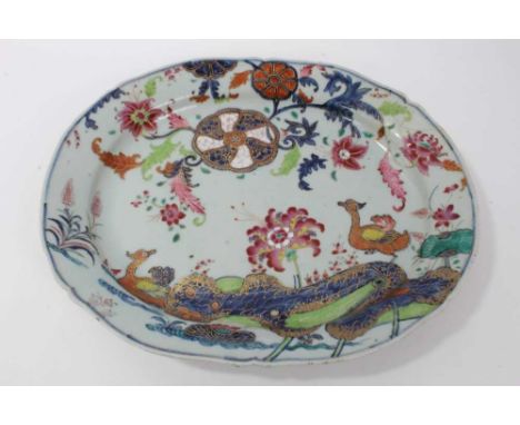 18th century Chinese tobacco leaf porcelain platter, finely decorated in famille rose enamels and underglaze blue, 40.5cm acr