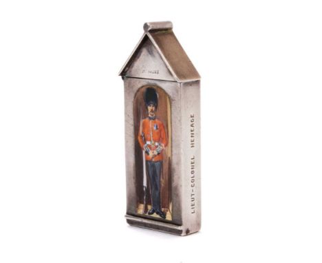 Fine Victorian silver and enamel novelty vesta case in the form of a sentry box, with hinged cover, the front enamelled with 