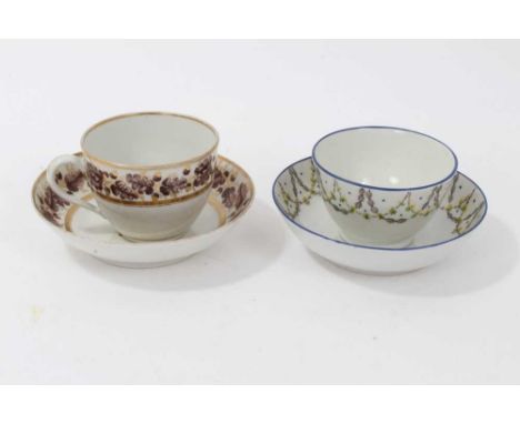 New Hall teacup and saucer, ex-Roderick Jellicoe Exhibition, decorated in brown enamel and gilt with acorns and oak leaves, a