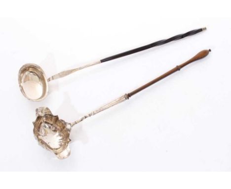 Georgian silver toddy ladle of shaped form, with twin pouring lips and turned hardwood handle (Marks rubbed), together with a
