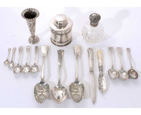 Selection of early 20th century and other miscellaneous silver, including silver mounted cut glass globe perfume bottle, tea 