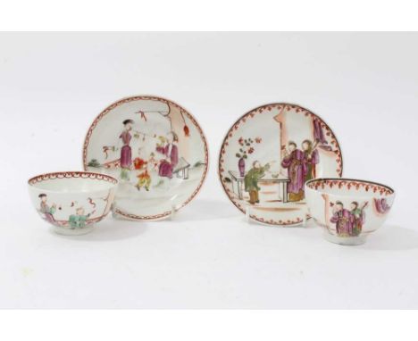 Two pairs of 18th century Lowestoft porcelain tea bowls and saucers, decorated in polychrome enamels with chinoiserie figural