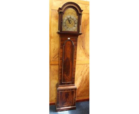 Early 18th century eight day longcase clock with gilt and silvered arched dial (name plate lacking) in later rosewood veneere