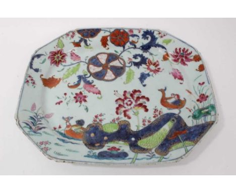 18th century Chinese tobacco leaf porcelain platter, finely decorated in famille rose enamels and underglaze blue, 40.5cm acr