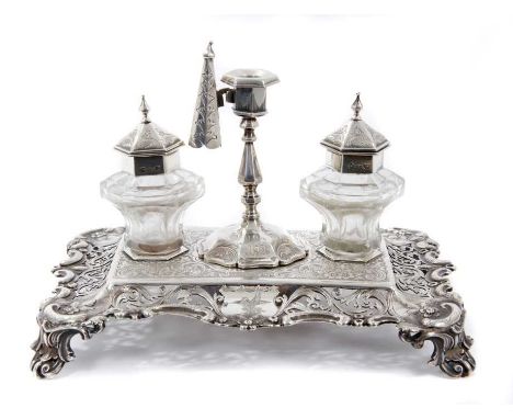 Fine quality Victorian silver inkstand of rectangular form, with engraved armorial crest and monogram, pierced scroll and fol