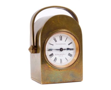 French miniature carriage clock with circular enamel dial signed Hazerouch, 16 Rue de la Pay, Paris, in brass arched case wit