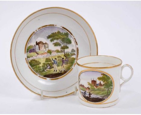 New Hall coffee can and saucer, printed with fishing and hunting scenes, and a Derby saucer and a Davenport can painted with 
