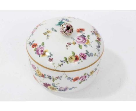 Meissen porcelain sucrier and cover, circa 1775, decorated in polychrome enamels with floral swags and sprays, flower finial 